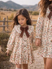 Young Girl Bow Decor Kids All-Over Print Casual Daily Summer Dress - Multicolor - View 1