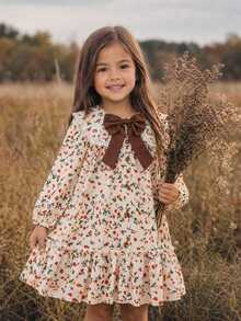 Young Girl Bow Decor Kids All-Over Print Casual Daily Summer Dress - Multicolor - View 2