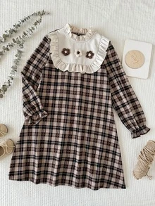 SHEIN Đầm trẻ em cho bé gái tween họa tiết hoa 3D và kẻ caro, tay dài, phong cách dễ thương - Nhiều màu - Xem 6