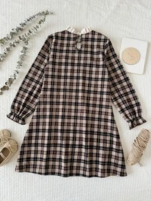 SHEIN Đầm trẻ em cho bé gái tween họa tiết hoa 3D và kẻ caro, tay dài, phong cách dễ thương - Nhiều màu - Xem 7