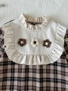 SHEIN Đầm trẻ em cho bé gái tween họa tiết hoa 3D và kẻ caro, tay dài, phong cách dễ thương - Nhiều màu - Xem 8
