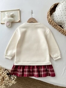 Cozy Pixies Newborn Baby Knitted Autumn/Winter Sweatshirt Dress, Large Butterfly Embroidery Patchwork Burgundy Plaid Skirt, Cute Vacation Holiday Cute Kawaii - Multicolor - View 2