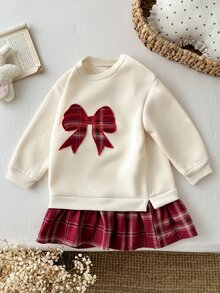 Cozy Pixies Newborn Baby Knitted Autumn/Winter Sweatshirt Dress, Large Butterfly Embroidery Patchwork Burgundy Plaid Skirt, Cute Vacation Holiday Cute Kawaii - Multicolor - View 6