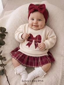 Cozy Pixies Newborn Baby Knitted Autumn/Winter Sweatshirt Dress, Large Butterfly Embroidery Patchwork Burgundy Plaid Skirt, Cute Vacation Holiday Cute Kawaii - Multicolor - View 4