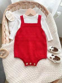 SHEIN Baby Girl Letter Pattern Casual Daily Knit Autumn Winter Romper - Red - View 2