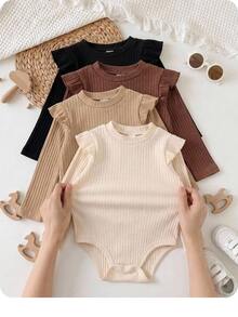 SHEIN Babygirl Cute Flutter Sleeve Knitted Solid Color Casual Long Sleeve Autumn Bodysuit With Open Crotch 4pcs -Piece Set - Multicolor - View 7