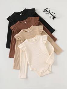 SHEIN Babygirl Cute Flutter Sleeve Knitted Solid Color Casual Long Sleeve Autumn Bodysuit With Open Crotch 4pcs -Piece Set - Multicolor - View 3