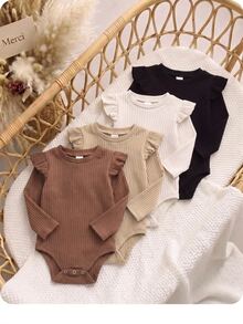 SHEIN Babygirl Cute Flutter Sleeve Knitted Solid Color Casual Long Sleeve Autumn Bodysuit With Open Crotch 4pcs -Piece Set - Multicolor - View 6