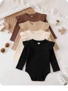 SHEIN Babygirl Cute Flutter Sleeve Knitted Solid Color Casual Long Sleeve Autumn Bodysuit With Open Crotch 4pcs -Piece Set - Multicolor - View 1