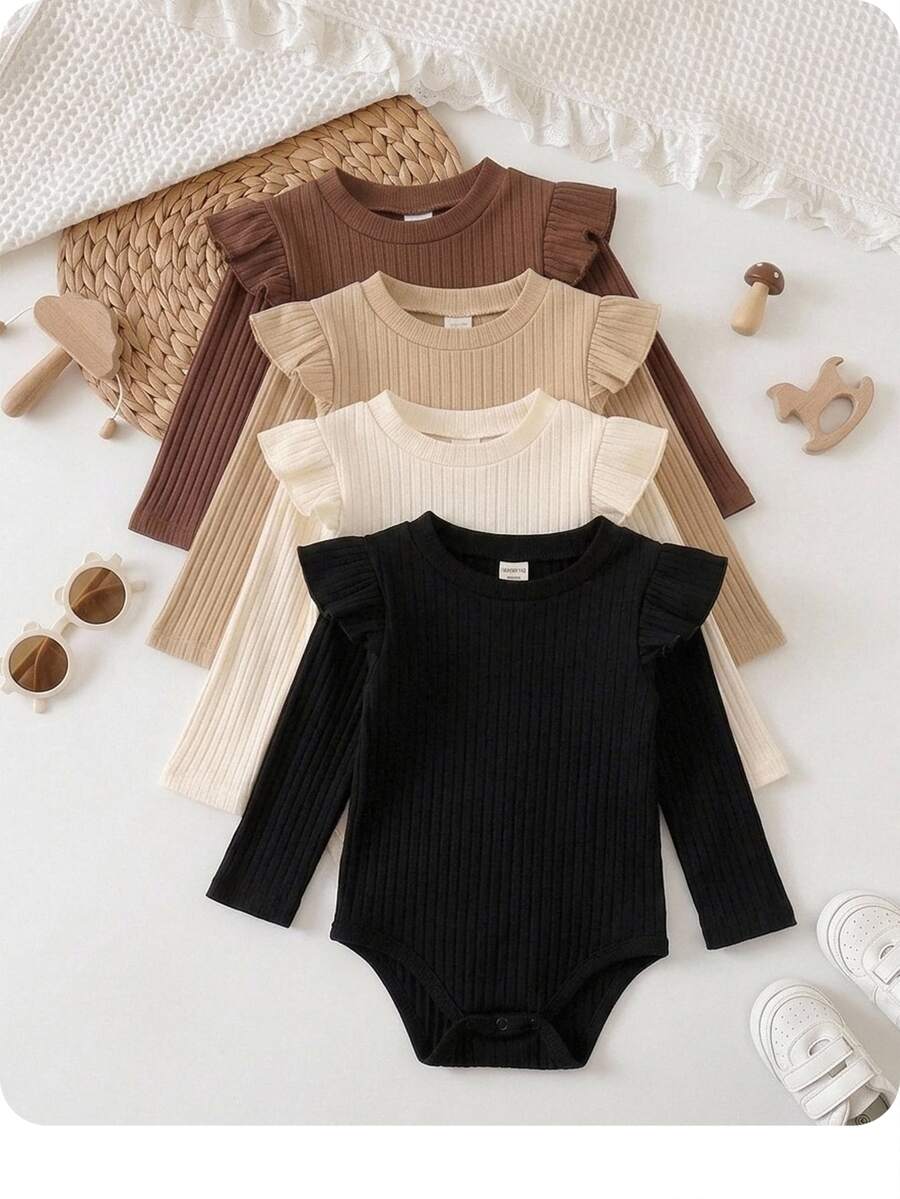 SHEIN Babygirl Cute Flutter Sleeve Knitted Solid Color Casual Long Sleeve Autumn Bodysuit With Open Crotch 4pcs -Piece Set - Multicolor - View 1