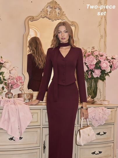 SHEIN MOD Chic Women's V Neck Blazer Top With Collar Tie And Matching Slim Midi Skirt Formal Wear,Skirt Suit Set For Woman,Office Sets Outfits For Women
