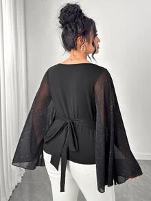 Elenzga Plus Contrast Mesh Trumpet Sleeve Tee Fall - Black - View 2