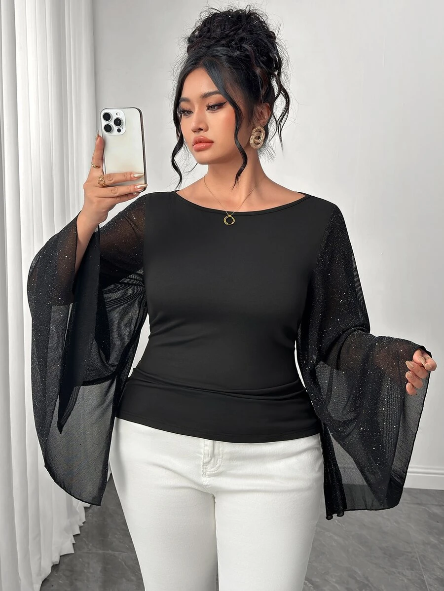 Elenzga Plus Contrast Mesh Trumpet Sleeve Tee Fall - Black - View 1