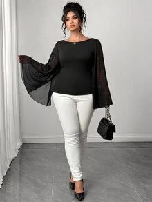 Elenzga Plus Contrast Mesh Trumpet Sleeve Tee Fall - Black - View 5