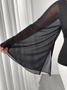 Elenzga Plus Contrast Mesh Trumpet Sleeve Tee Fall - Black - View 7
