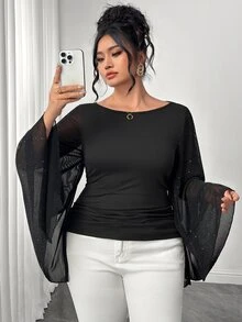 Elenzga Plus Contrast Mesh Trumpet Sleeve Tee Fall - Black - View 4