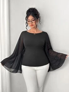 Elenzga Plus Contrast Mesh Trumpet Sleeve Tee Fall - Black - View 6