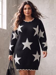 SHEIN LUNE CURVE 秋冬加厚大尺碼寬鬆五角星針織毛衣洋裝 女款波浪荷葉邊圓領慵懶顯瘦長袖連身裙 - 黑與白 - 查看 10