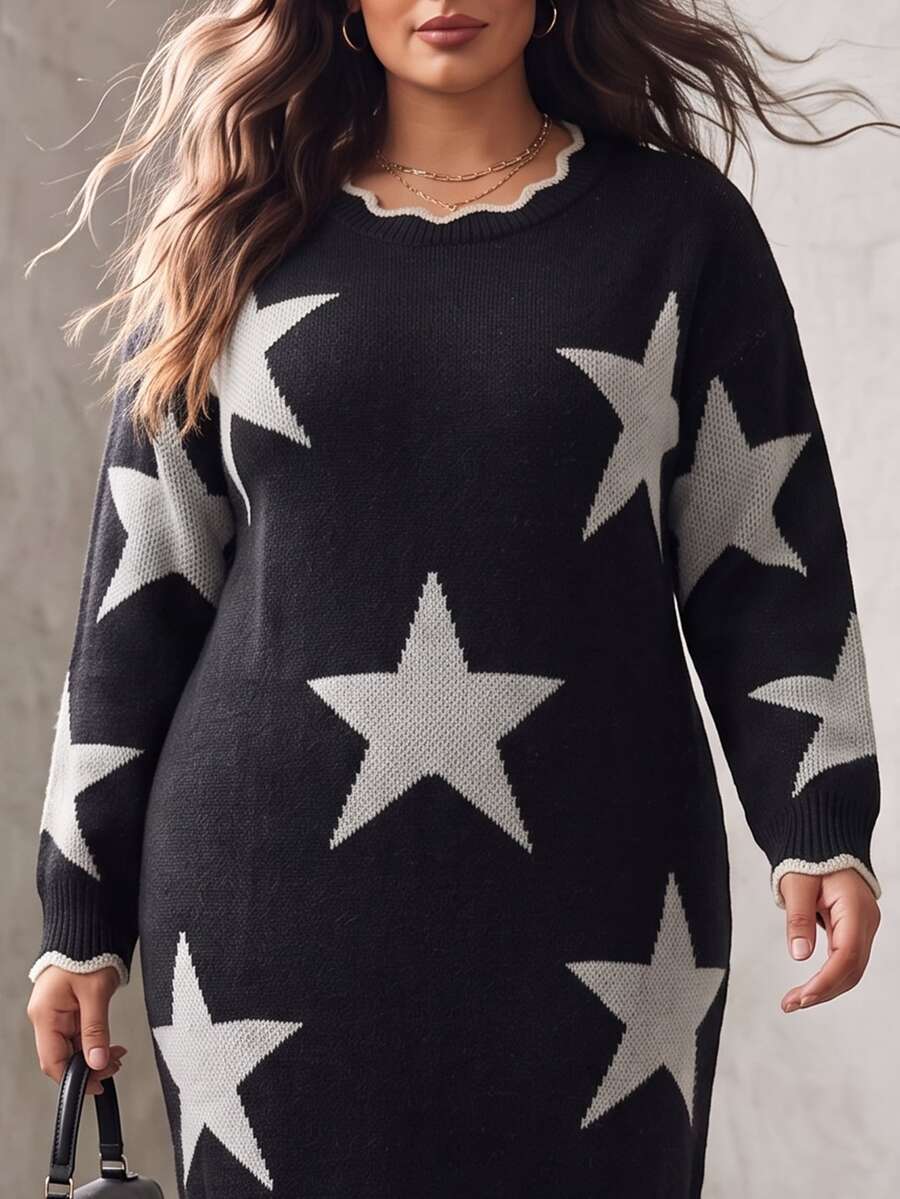 SHEIN LUNE CURVE 秋冬加厚大尺碼寬鬆五角星針織毛衣洋裝 女款波浪荷葉邊圓領慵懶顯瘦長袖連身裙