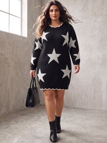 SHEIN LUNE CURVE 秋冬加厚大尺碼寬鬆五角星針織毛衣洋裝 女款波浪荷葉邊圓領慵懶顯瘦長袖連身裙 - 黑與白 - 查看 11