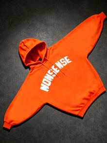 ROMWE MEN Street Life Spring Casual Graphic Men's Letter Graphic Long Sleeve Drawstring Hooded Casual Sweatshirt, Autumn, Winter, Y2K - Orange - View 2