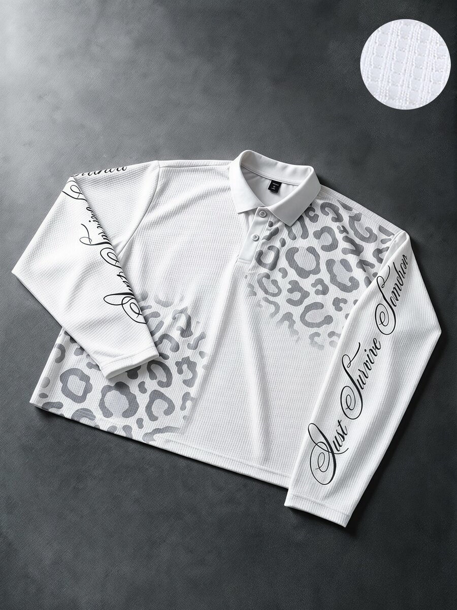 ROMWE MEN Street Life Leopard Print Graphic Loose Polo Shirt Streetwear Vintage - White - View 1