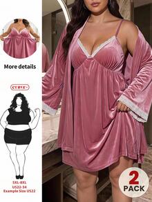 SHEIN CURVE+ 女款大尺碼 22W 兩件套，秋冬天鵝絨開襟衫 + 洋裝，聖誕秋季款 - 藕粉色 - 查看 8