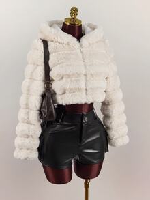 SHEIN ICON Casual Sexy Short Faux Fur Jacket - Khaki - View 7
