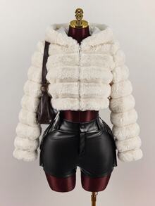 SHEIN ICON Casual Sexy Short Faux Fur Jacket - Khaki - View 5