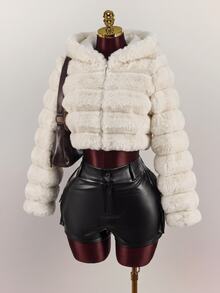 SHEIN ICON Casual Sexy Short Faux Fur Jacket - Khaki - View 9