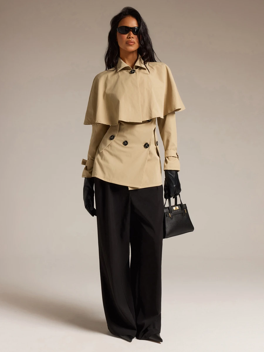 COSMINA Women's Solid Color Fashion Versatile Daily Casual Trench Coat Jacket - Apricot - View 1
