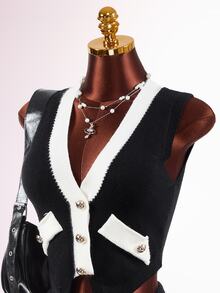 Mistrie Women's Colorblock Casual Daily Knit Top - Black and White - View 6