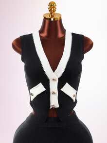 Mistrie Women's Colorblock Casual Daily Knit Top - Black and White - View 1