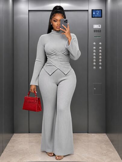Poshavie Poshavie Plus Size Women's Elegant Premium Relaxed 2 Pieces Set, Casual Comfortable Versatile Long Sleeve Outfit For Daily Wear, Shopping And Commuting