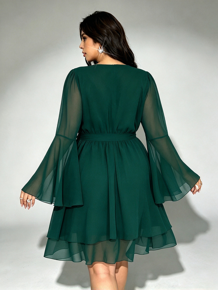 Viva Relle Plus Size Wine Red Chiffon Elegant V-Neck Waist Cinched A-Line Short Dress All Seasons Party Cocktail Fall Christmas - Dark Green - View 2