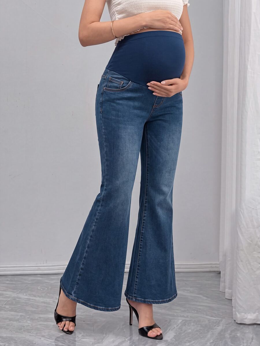 Momance 孕婦彈性牛仔喇叭褲 派對哺乳休閒寬鬆款 冬季 - 深色水洗藍 - 查看 1