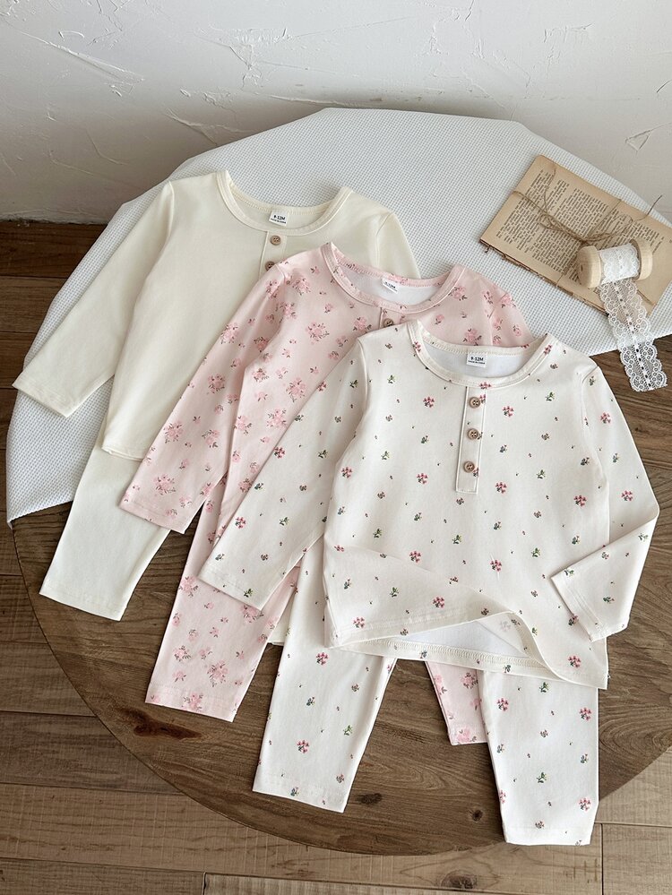 6pcs Baby Girls Toddler T-Shirt Pants Set Cute Pink Floral Henley Flower Print Long Sleeve Round Neck Regular Birthday Party Fall Cozy Princess Ribbed - Multicolor - View 6