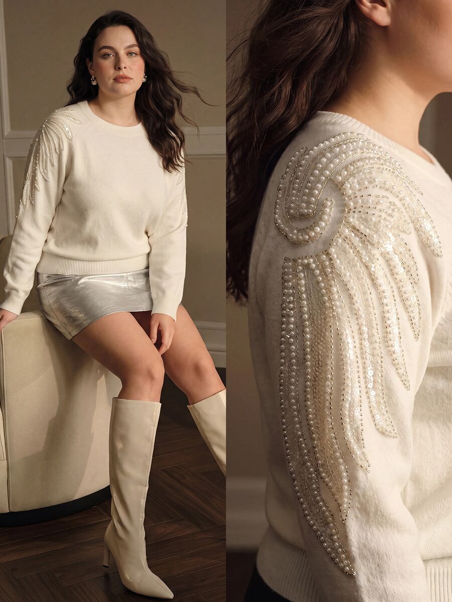 MOTF PREMIUM WOMEN'S PLUS SIZE ELEGANT BEADED DETAIL SWEATER - Beige - View 1