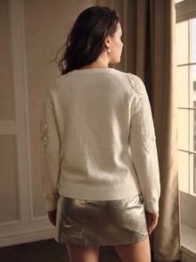 MOTF PREMIUM WOMEN'S PLUS SIZE ELEGANT BEADED DETAIL SWEATER - Beige - View 6