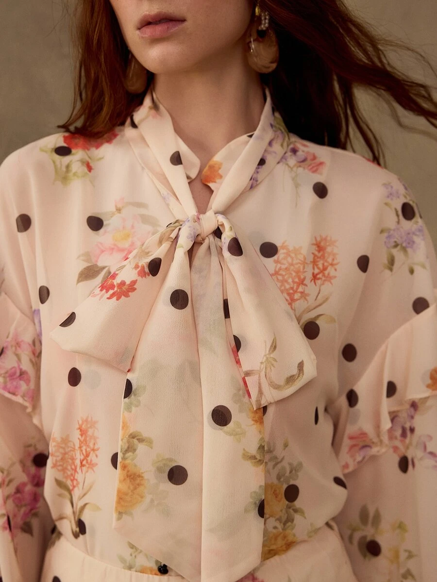 MOTF PREMIUM FLORAL POLKA DOT PRINT TIE NECK LANTERN SLEEVE TOP & TIERED HEM SKIRT SET - Apricot - View 2