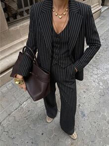 SHEIN EZwear Black And White Striped Woven Suit Jacket, Single-Breasted Vest And Trousers Set Office Business Fall Professional Elegant - Black - View 1