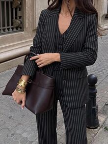 SHEIN EZwear Black And White Striped Woven Suit Jacket, Single-Breasted Vest And Trousers Set Office Business Fall Professional Elegant - Black - View 6
