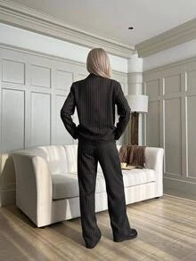 SHEIN EZwear Black And White Striped Woven Suit Jacket, Single-Breasted Vest And Trousers Set Office Business Fall Professional Elegant - Black - View 2