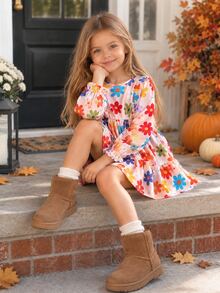 SHEIN Young Girl Floral Print Kids Round Neck Long Sleeve Patchwork Ruffle Hem Cute Dress - Multicolor - View 5