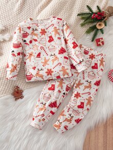 Young Girl Knit Christmas Print Crew Neck Slim Fit Pajama Top And Long Pants 2 Pieces Set - Multicolor - View 6