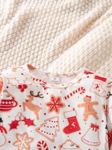Young Girl Knit Christmas Print Crew Neck Slim Fit Pajama Top And Long Pants 2 Pieces Set - Multicolor - View 8