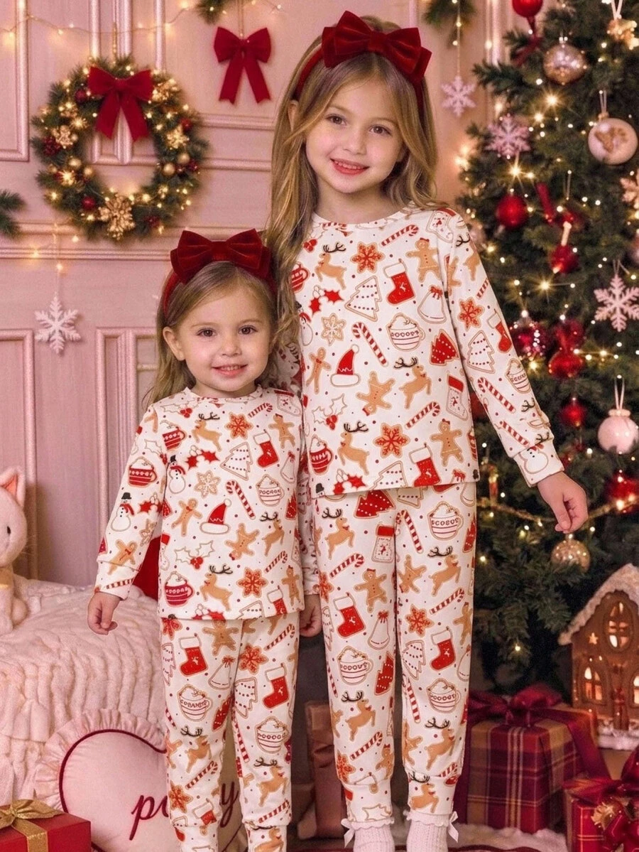 Young Girl Knit Christmas Print Crew Neck Slim Fit Pajama Top And Long Pants 2 Pieces Set - Multicolor - View 1