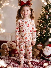 Young Girl Knit Christmas Print Crew Neck Slim Fit Pajama Top And Long Pants 2 Pieces Set - Multicolor - View 3
