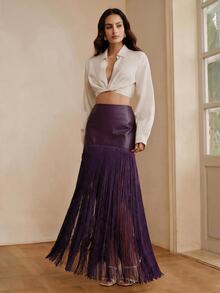 Anewsta Women's New PU Patchwork Tassel Fashion Flowy Versatile Skirt - Purple - View 4