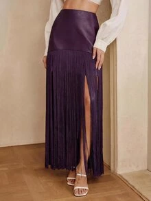 Anewsta Women's New PU Patchwork Tassel Fashion Flowy Versatile Skirt - Purple - View 6